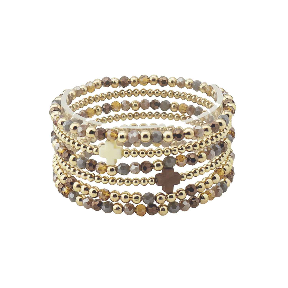 Brown Crystal with Gold and Cross Set of 6 Stretch Bracelets
