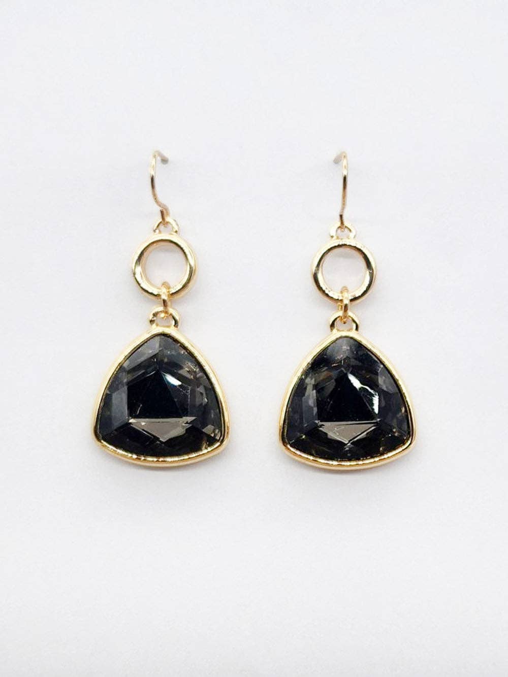Gold Open Circle with Black Diamond Triangle Crystal Drop 1.5" Earring