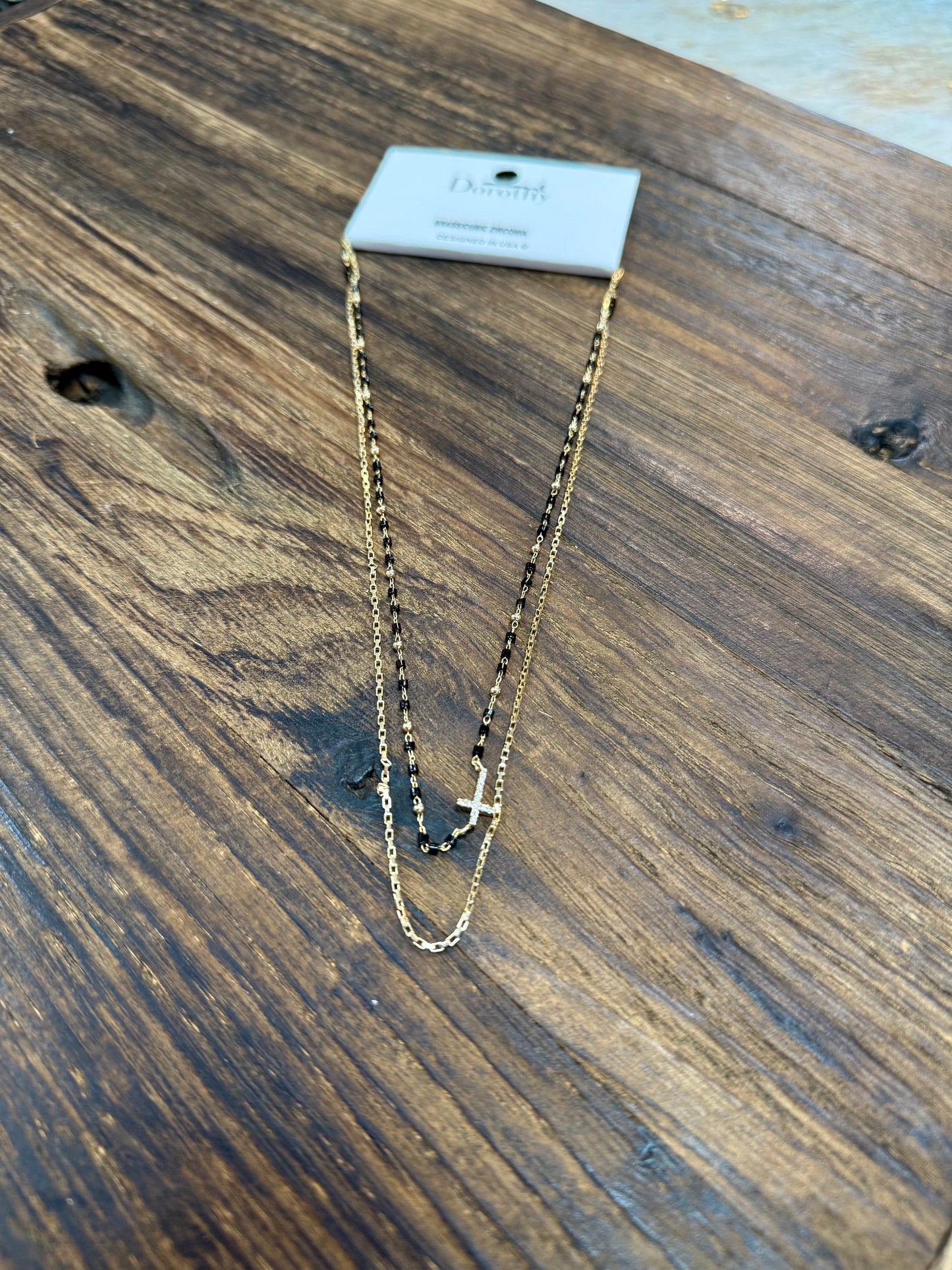 Black Beaded and Gold Cross Double Layer Necklace