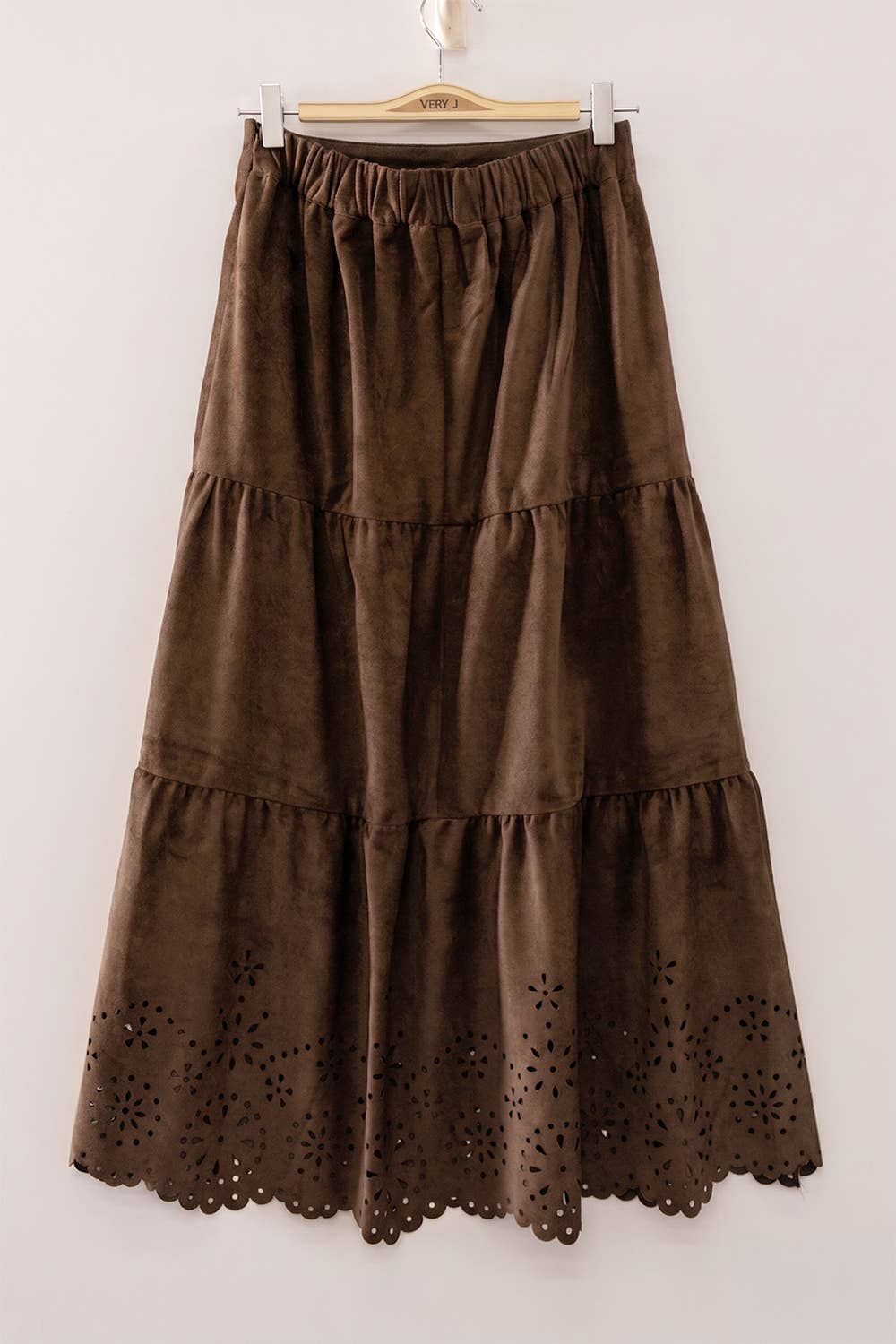 Faux Suede Tiered Midi Skirt