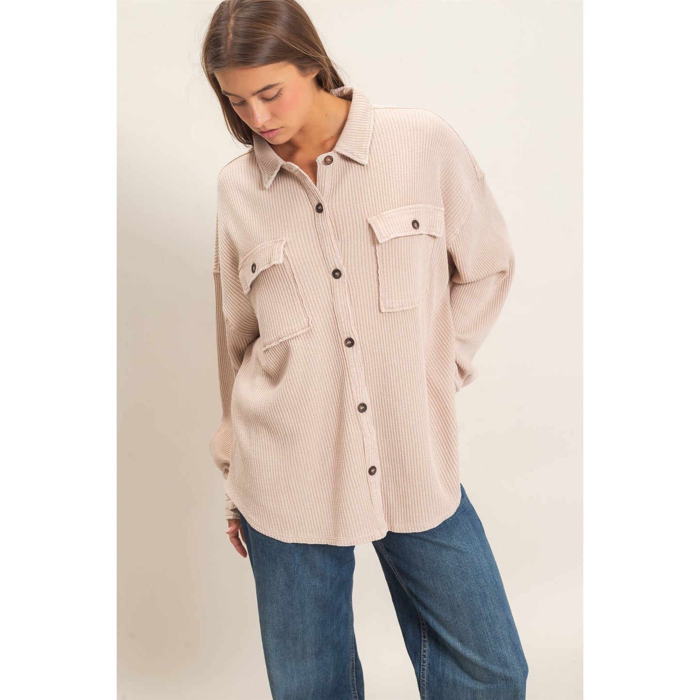 Mineral Wash Waffle Knit Button-Up Shacket