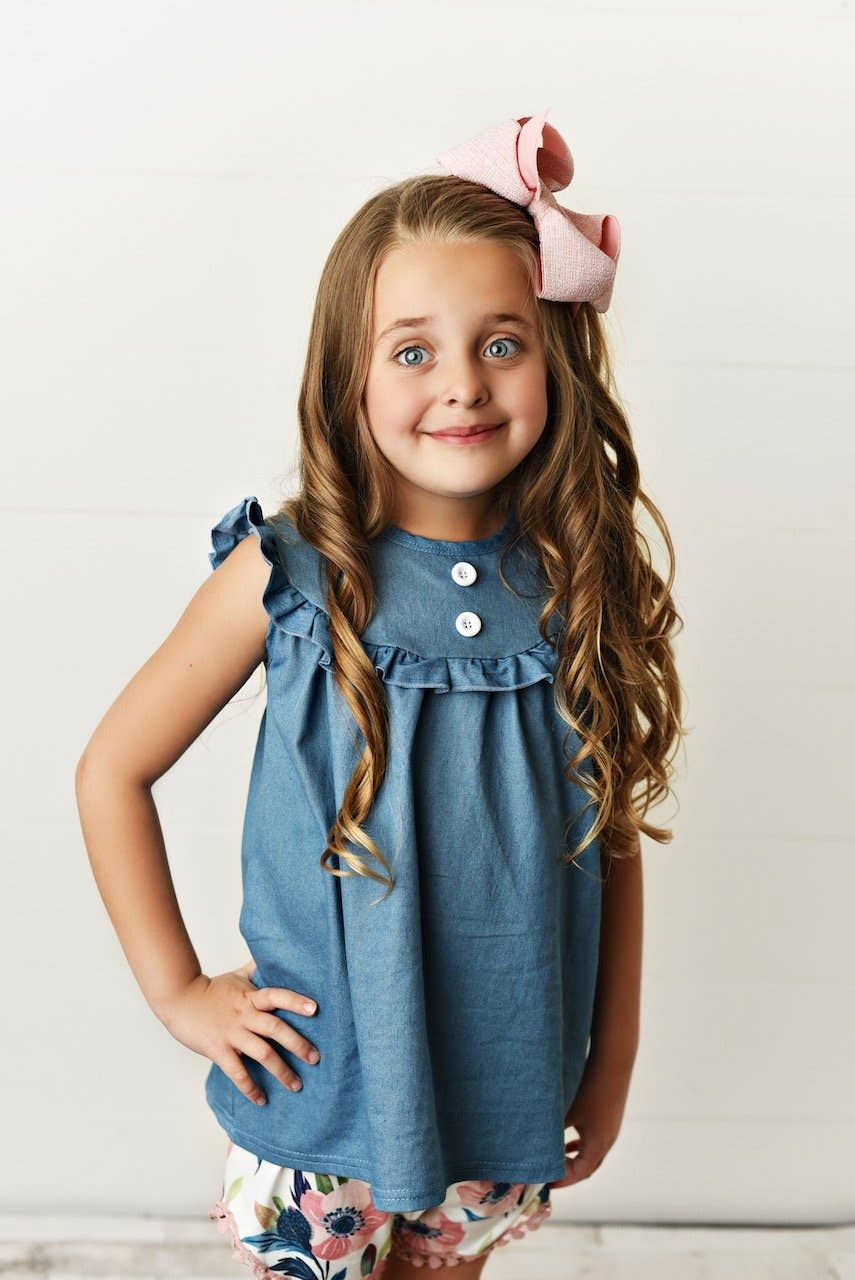 Kids Jean Floral Ruffle Button Summer Two Piece Set