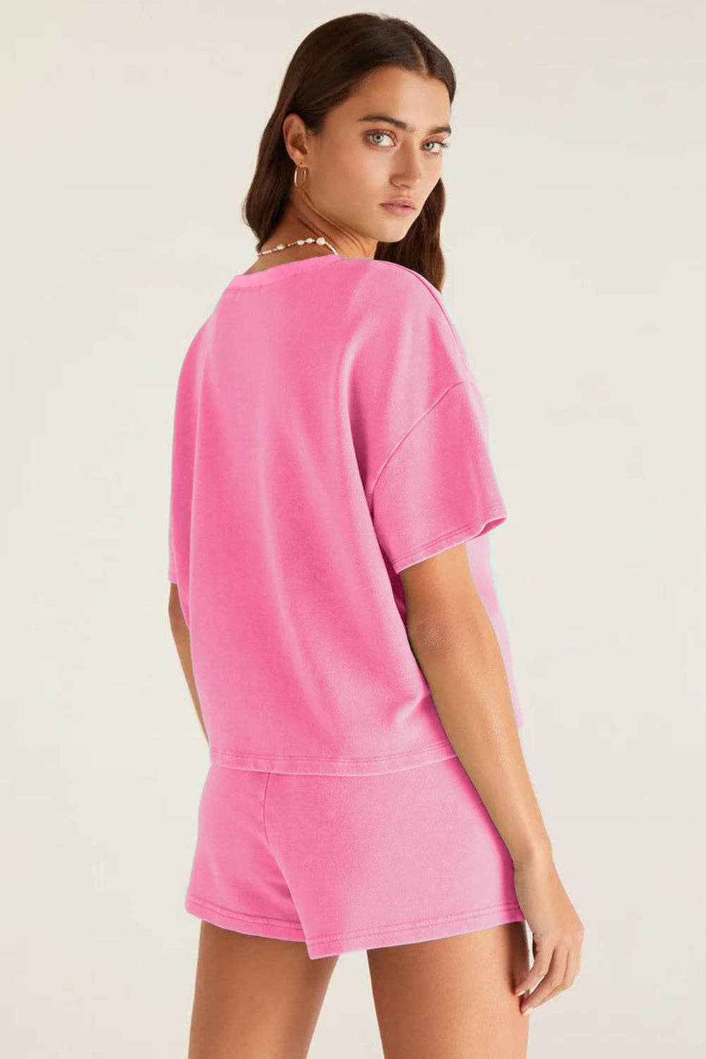 V Neck Drop Shoulder Tee and Patchwork Drawstring Shorts Set