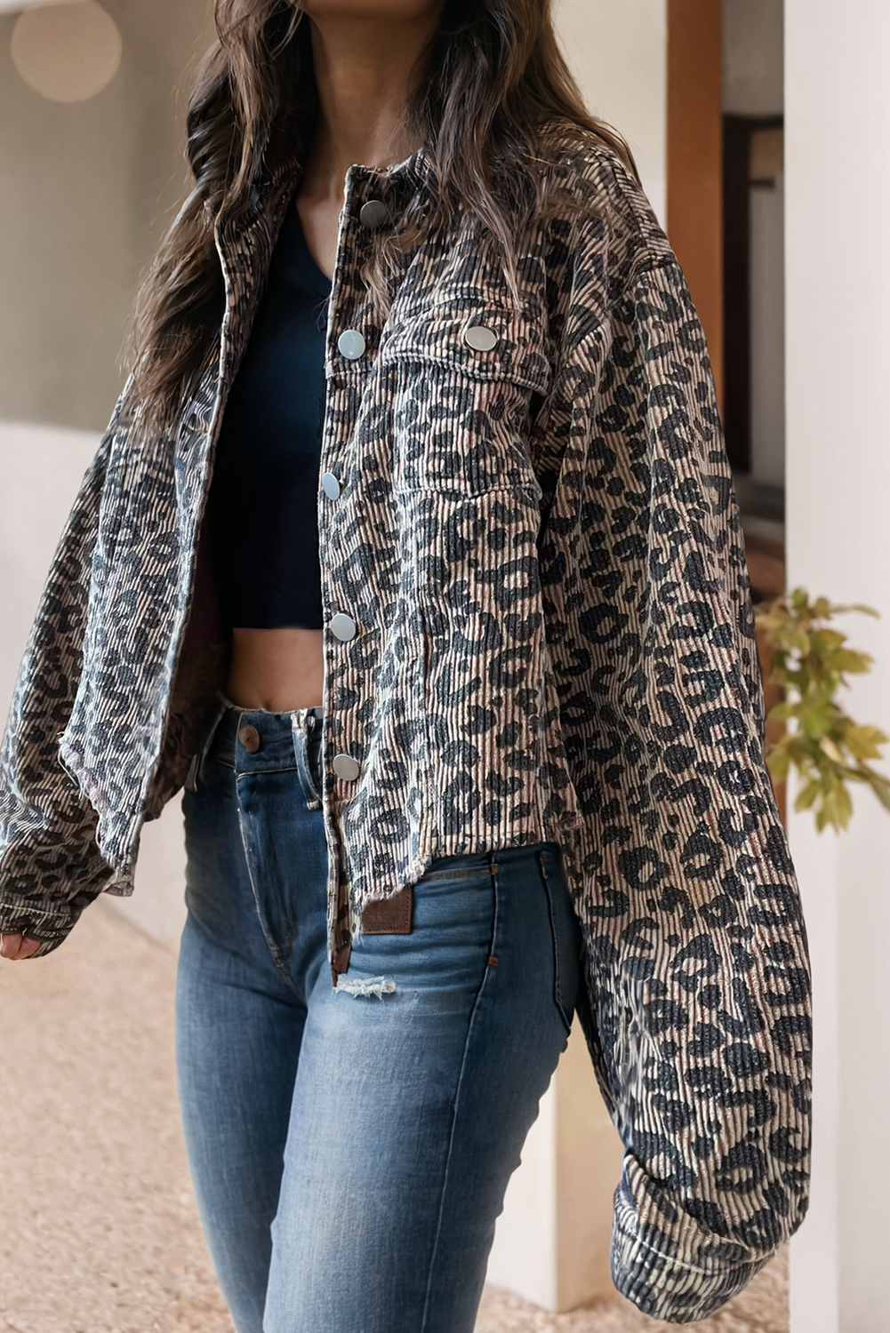 LDC Leopard Print Corduroy Irregular Hem Buttoned Jacket