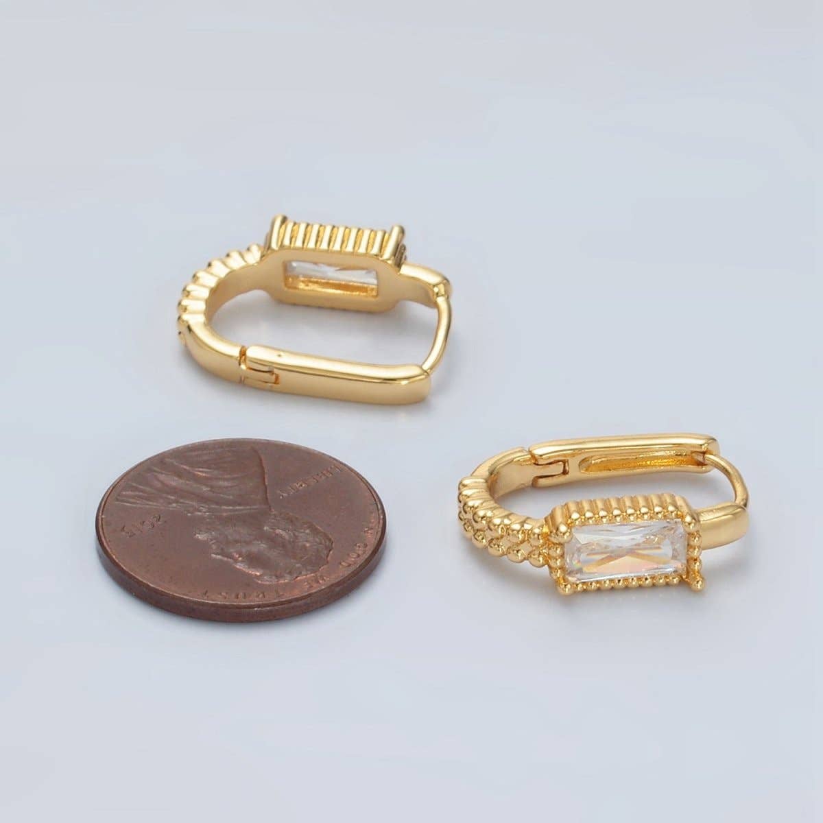 24K Gold Filled 18mm Baguette CZ Dotted Huggie Earrings
