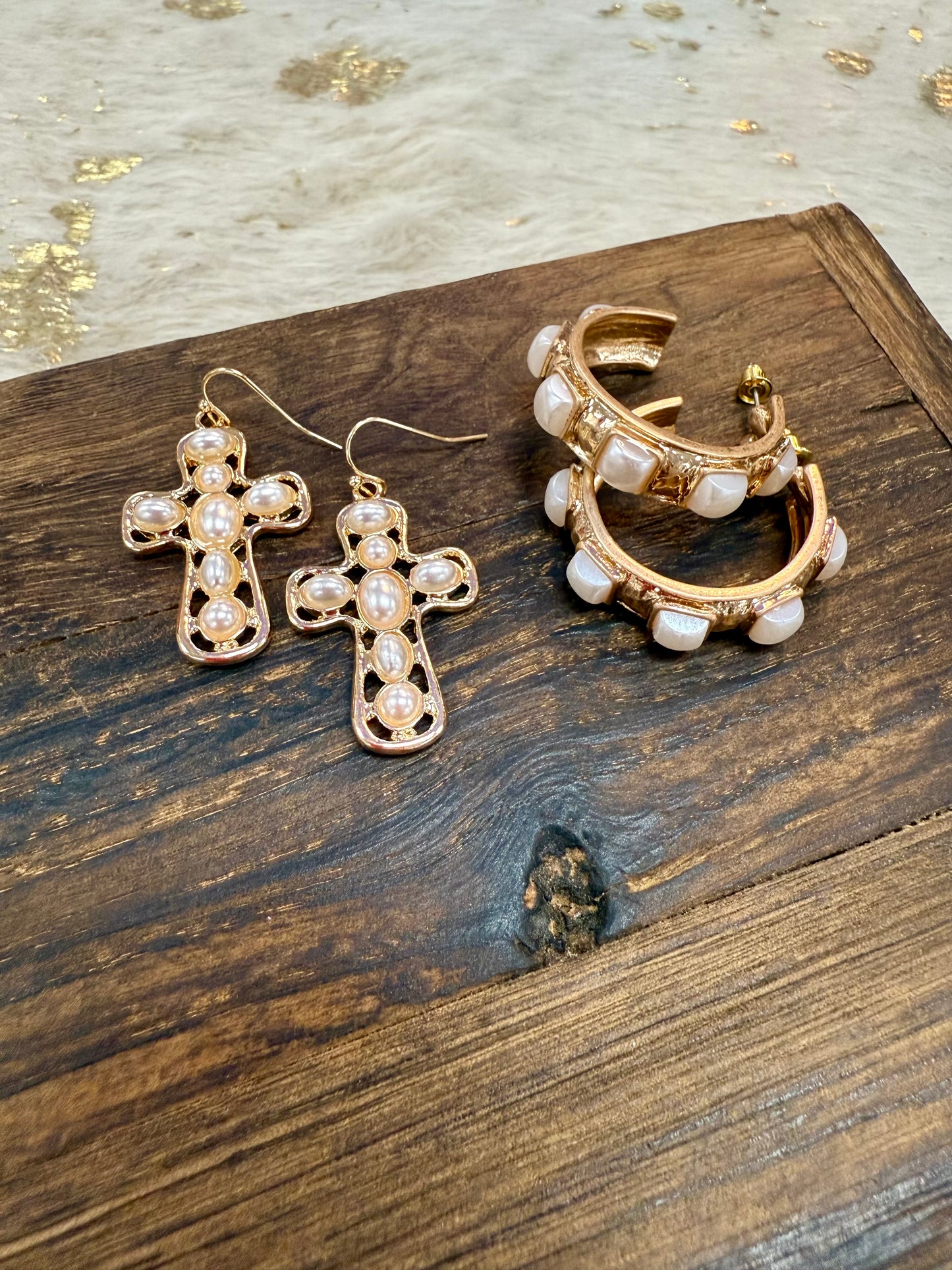 Gold & Pearl Cross Earrings