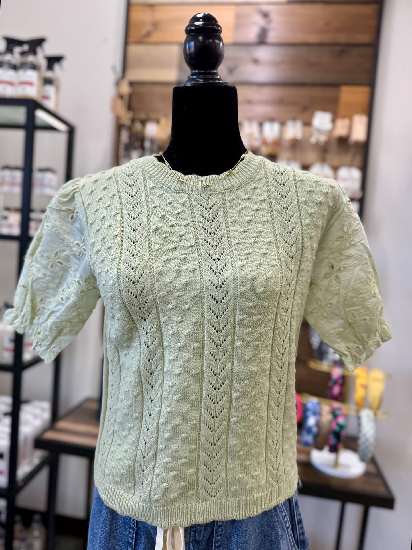 Sage Eyelet Puff Sleeve Top