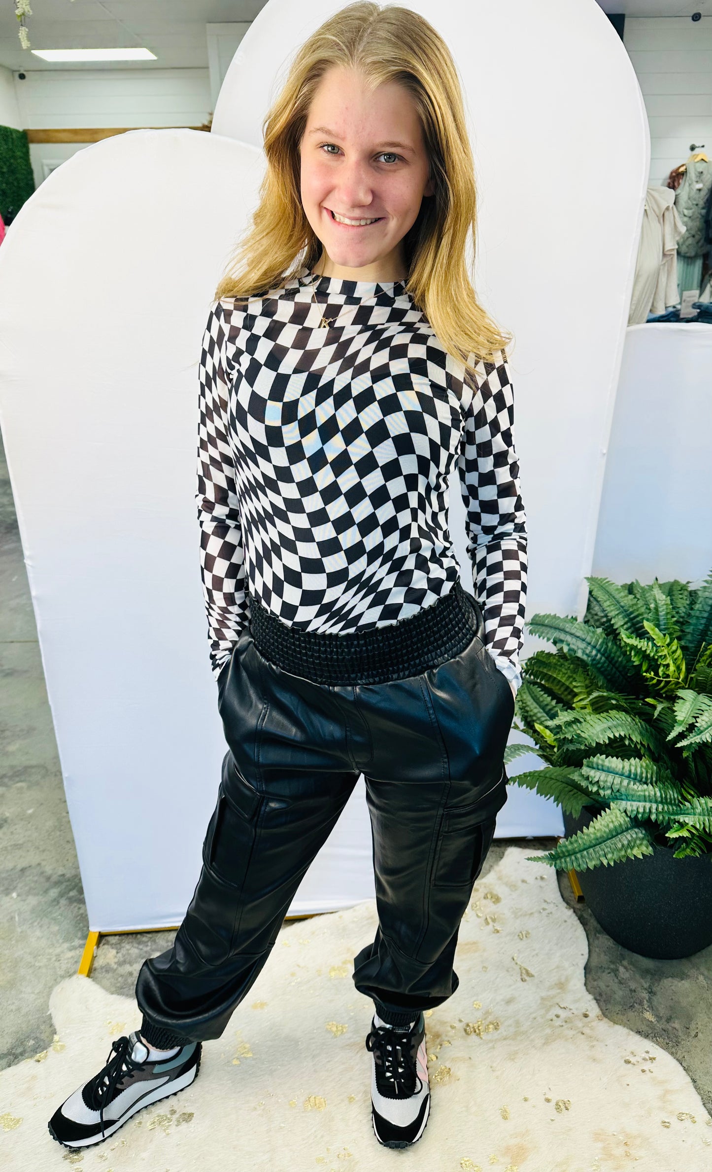 Checkered Mesh Long Sleeve Top
