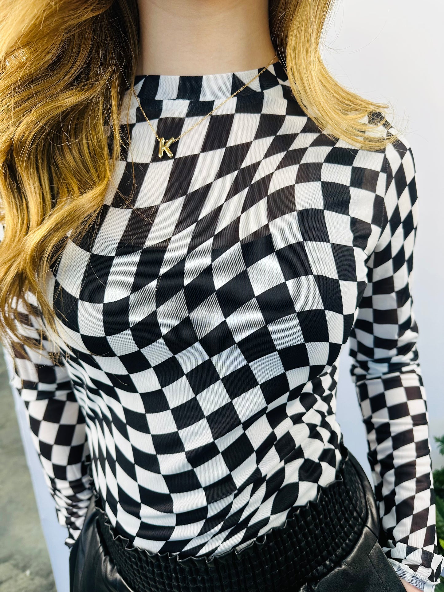 Checkered Mesh Long Sleeve Top
