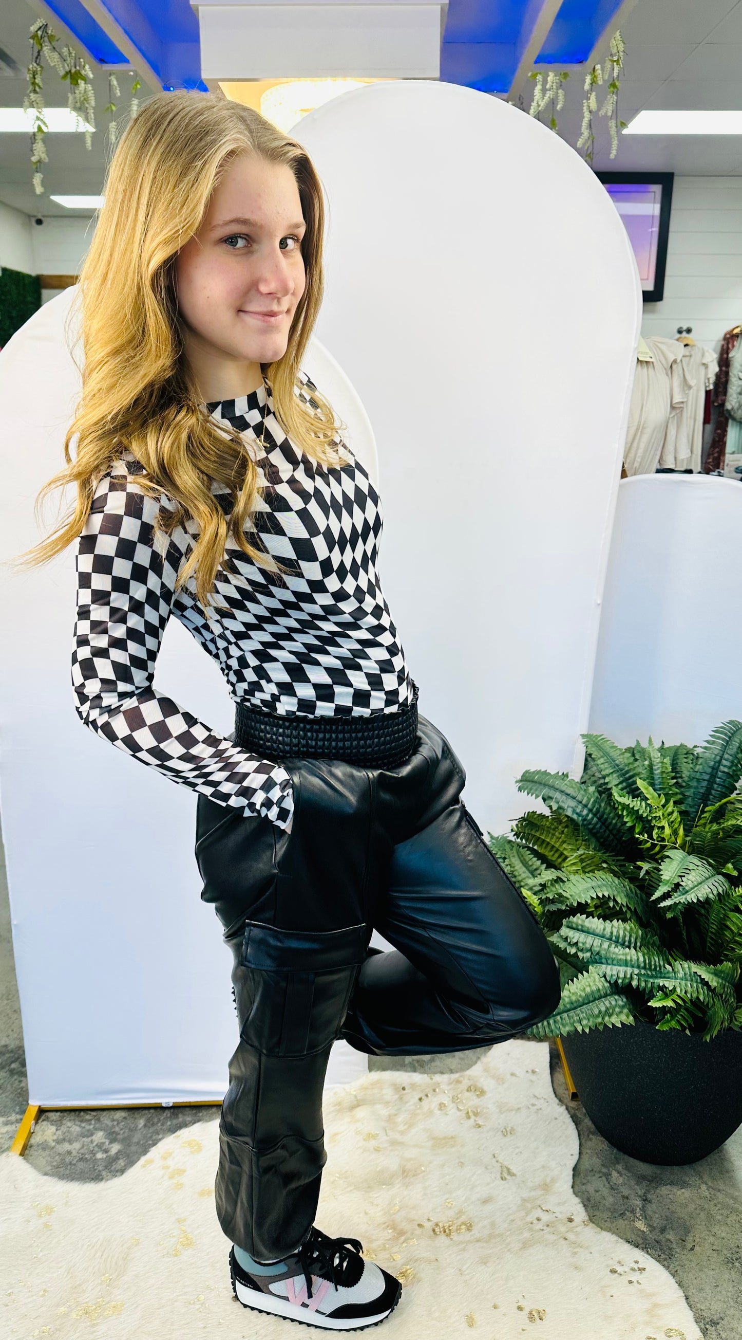 Checkered Mesh Long Sleeve Top