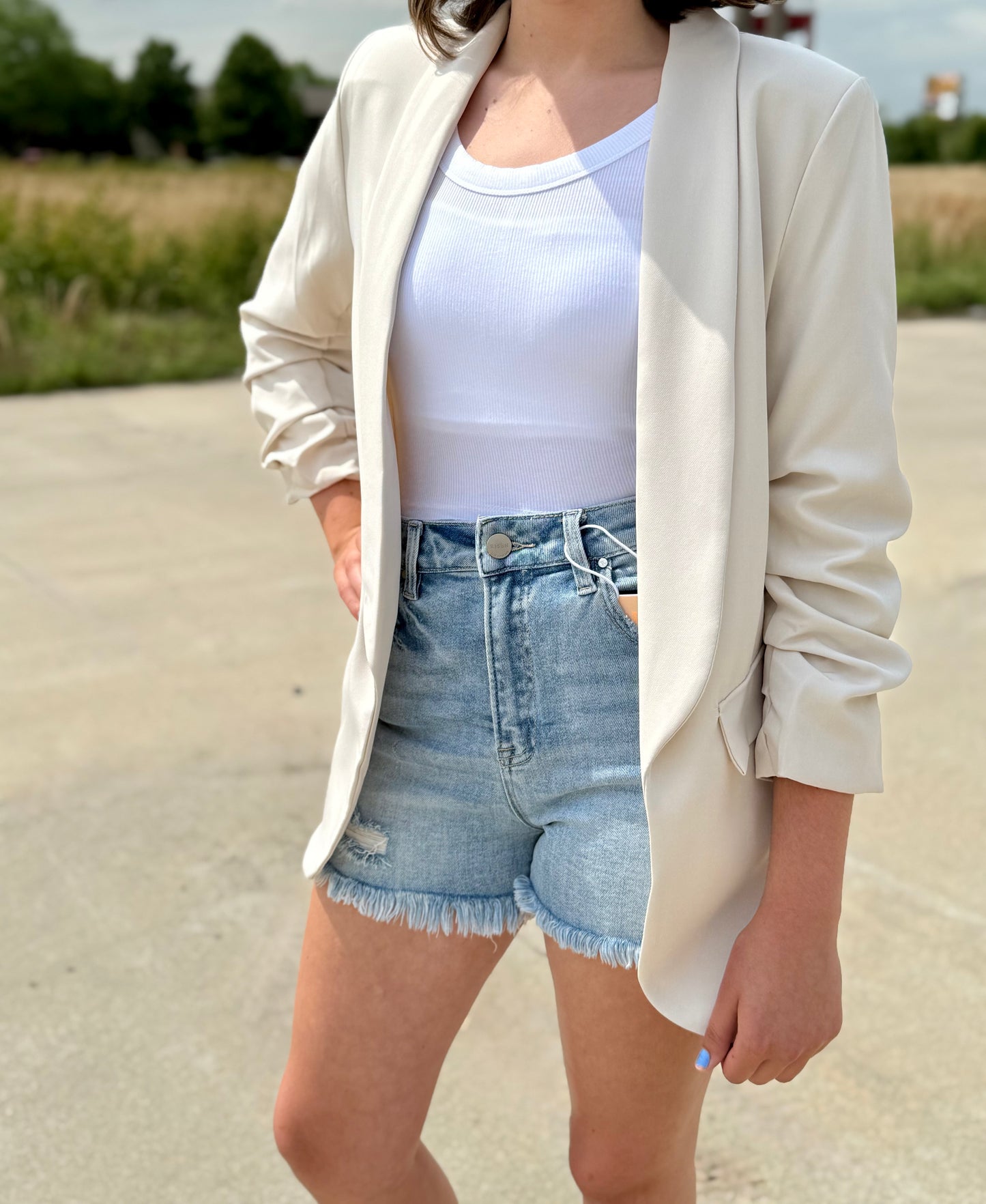 Cream Blazer with 3/4 Ruched Sleeve