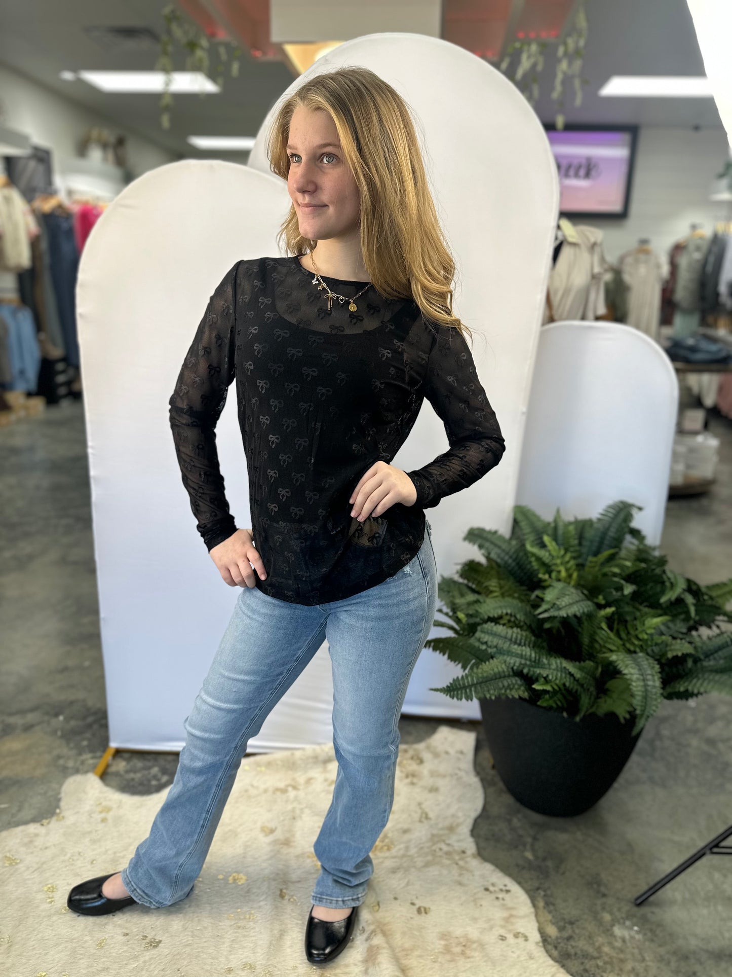 The Bella Mesh Bow Pattern Long Sleeve Top