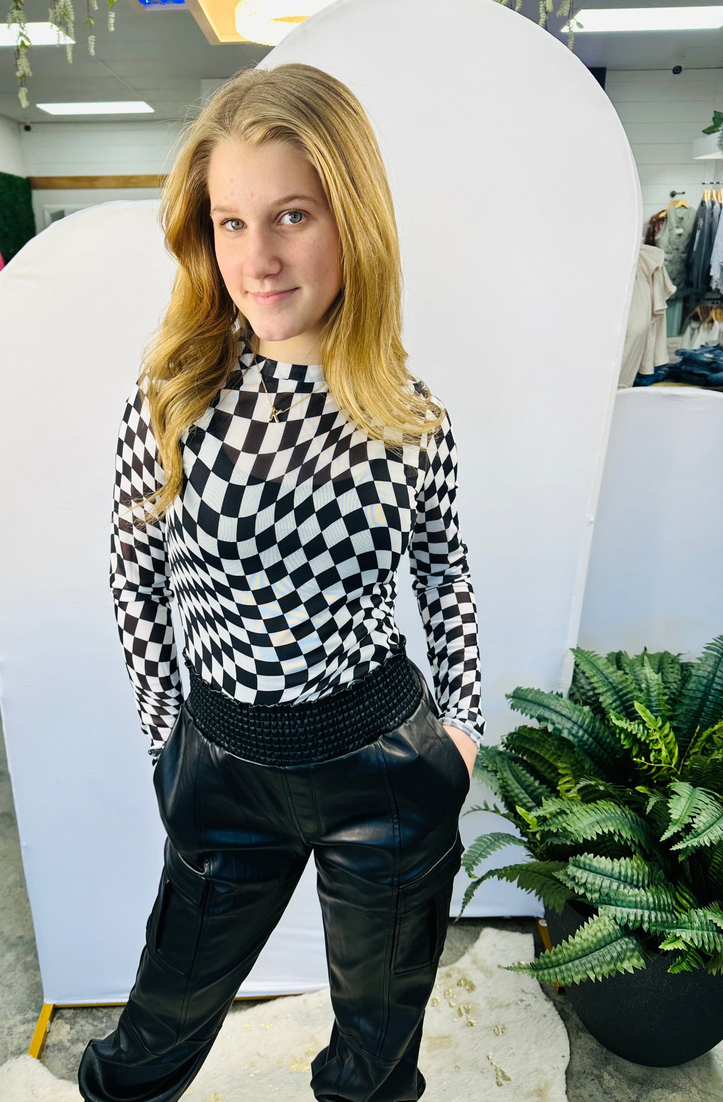 Checkered Mesh Long Sleeve Top