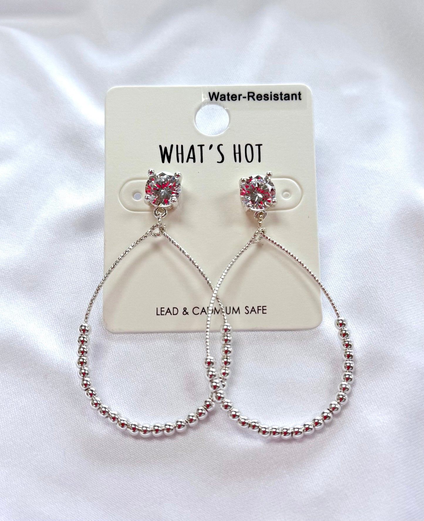 Water Resistant Crystal Stud with Silver Beaded Teardrop 2" Earring