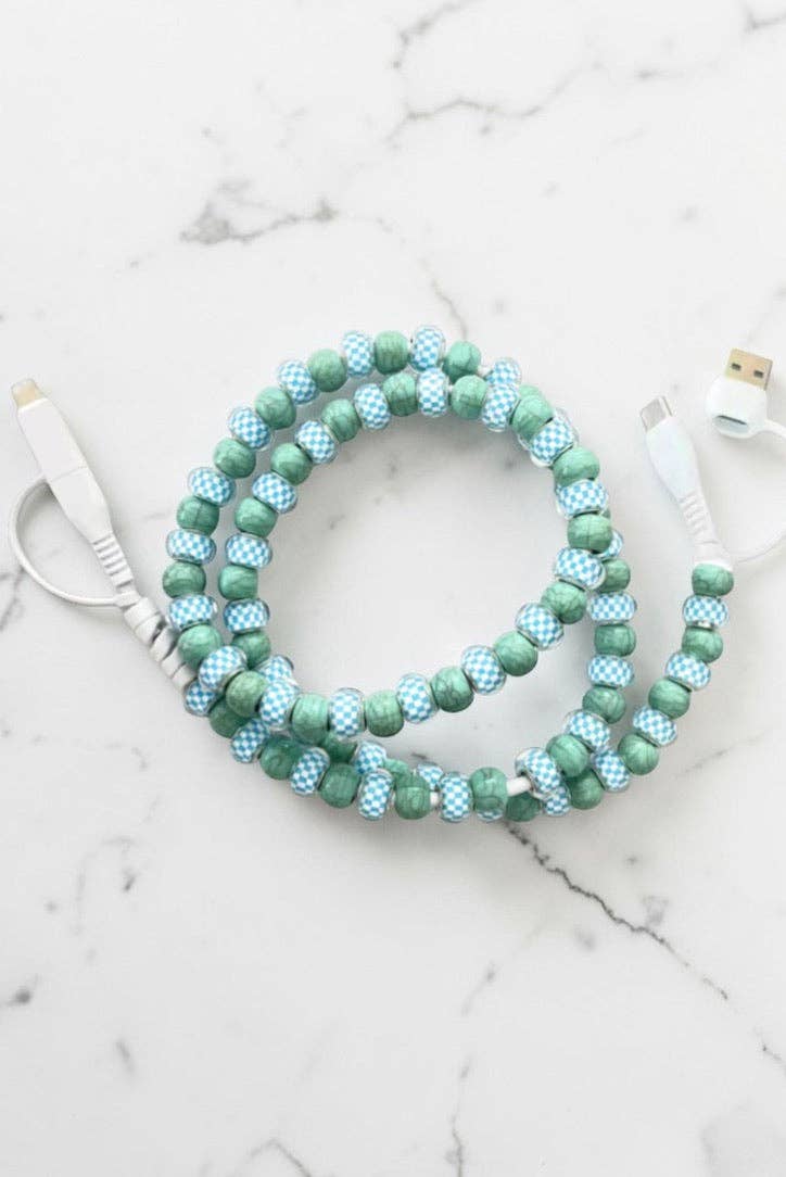 Blue Gingham and Green Beaded Cord Charger