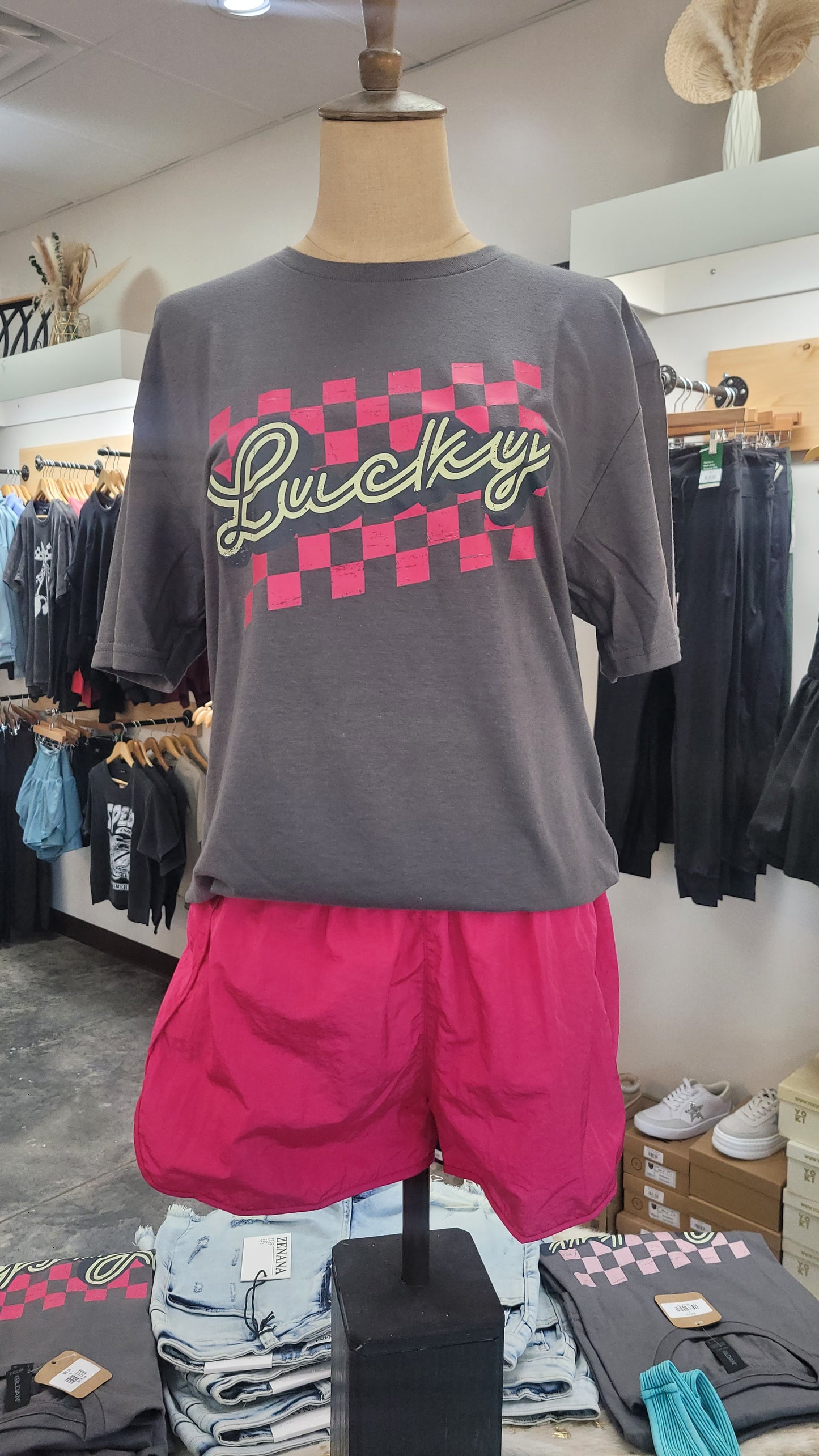 Lucky Checkered T Shirt - Hot Pink