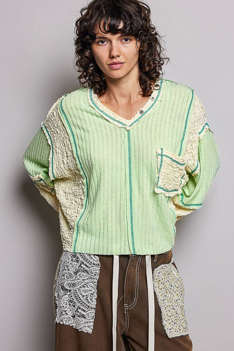V-neck stitch detail Balloon Long Sleeve Crop Top