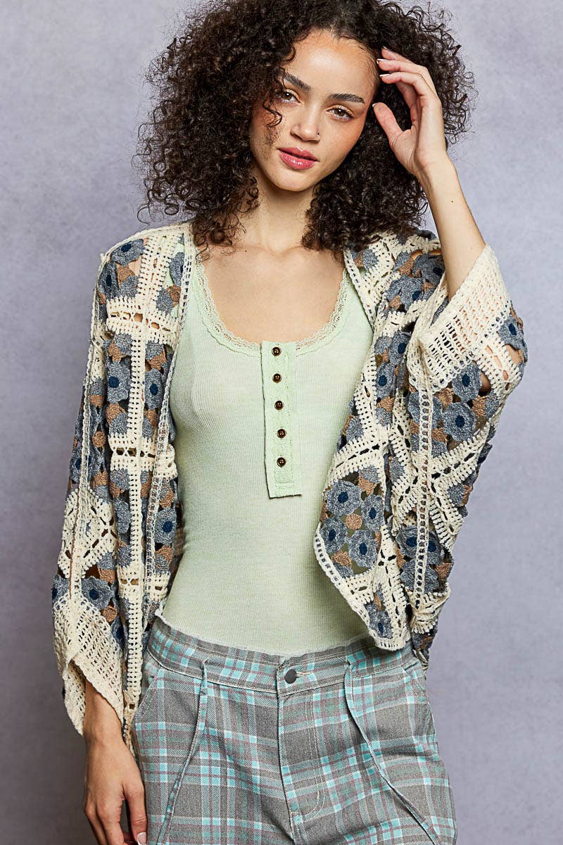 Dolman Sleeve Varied Pattern Crochet Open Cardigan