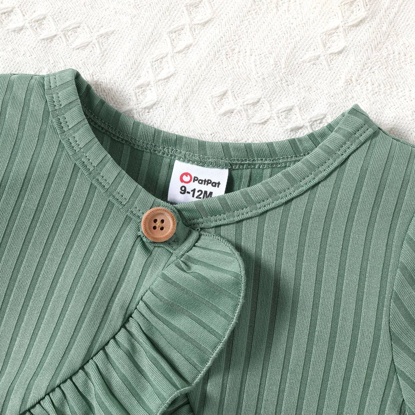 2pcs Baby Girl Solid Ribbed Short-sleeve Ruffle Top & Dress