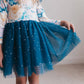 Kids Teal Blue Winter Floral Print Sparkle Tulle Dress