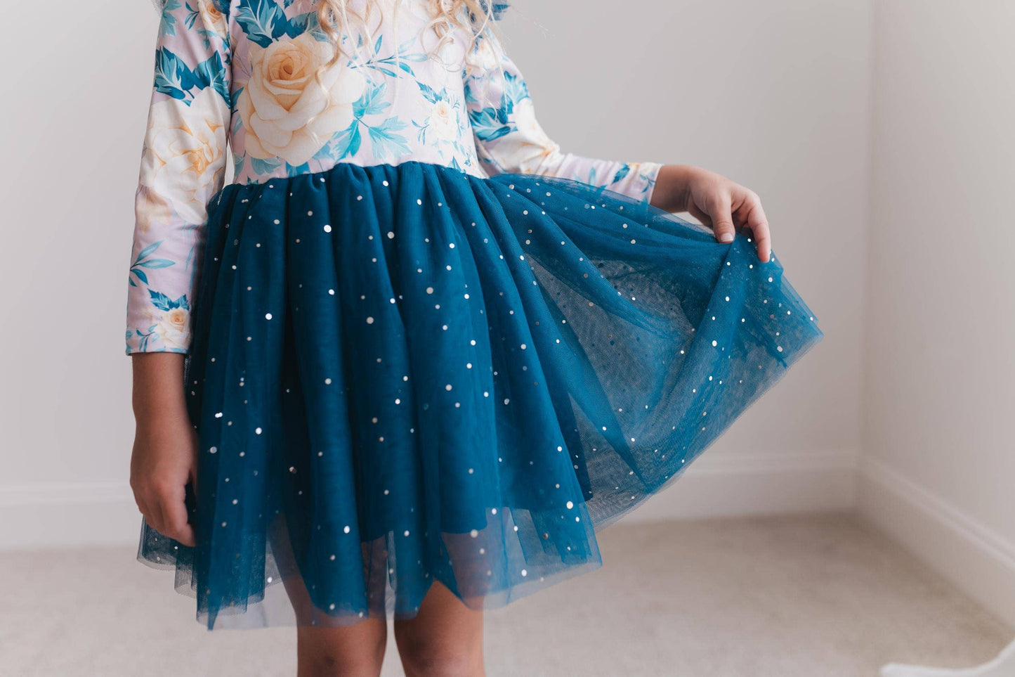 Kids Teal Blue Winter Floral Print Sparkle Tulle Dress