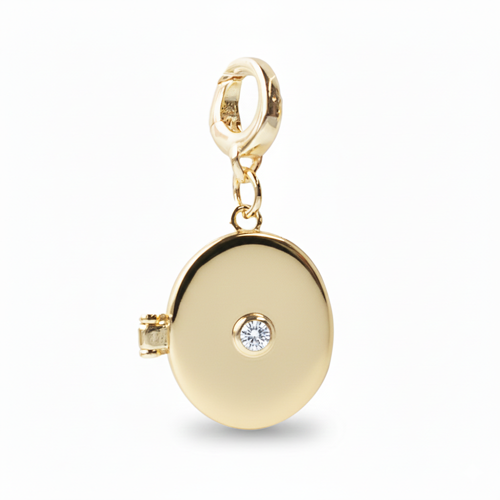 Gold Oval Locket Clip Charm w/ CZ Stone + Hinged Clasp