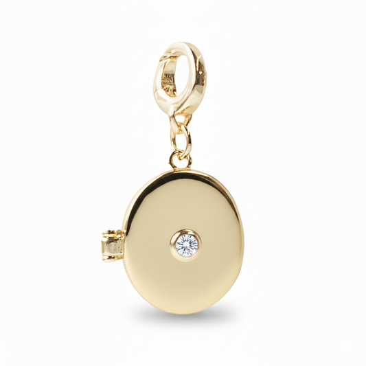 Gold Oval Locket Clip Charm w/ CZ Stone + Hinged Clasp