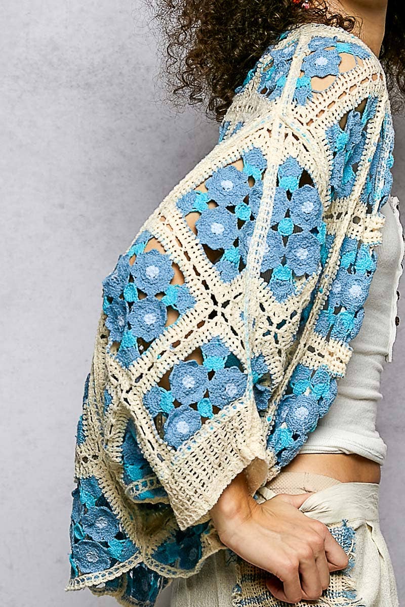 Dolman Sleeve Varied Pattern Crochet Open Cardigan