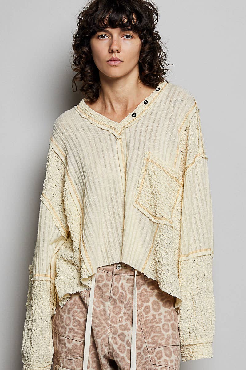 V-neck stitch detail Balloon Long Sleeve Crop Top