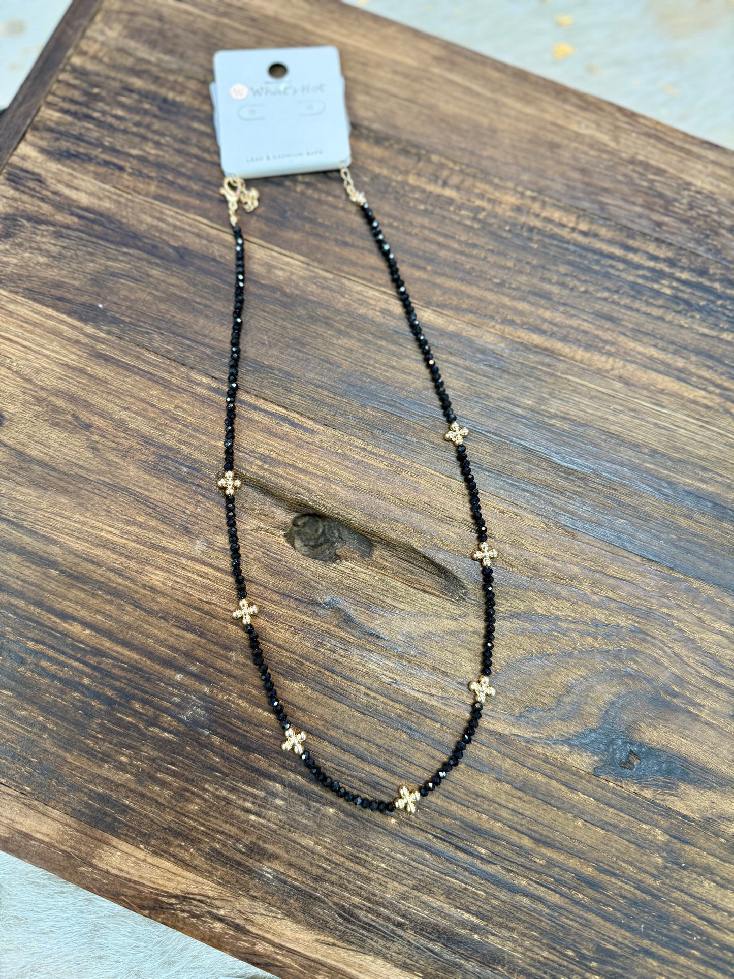 Black Crystal Necklace with Gold Cross