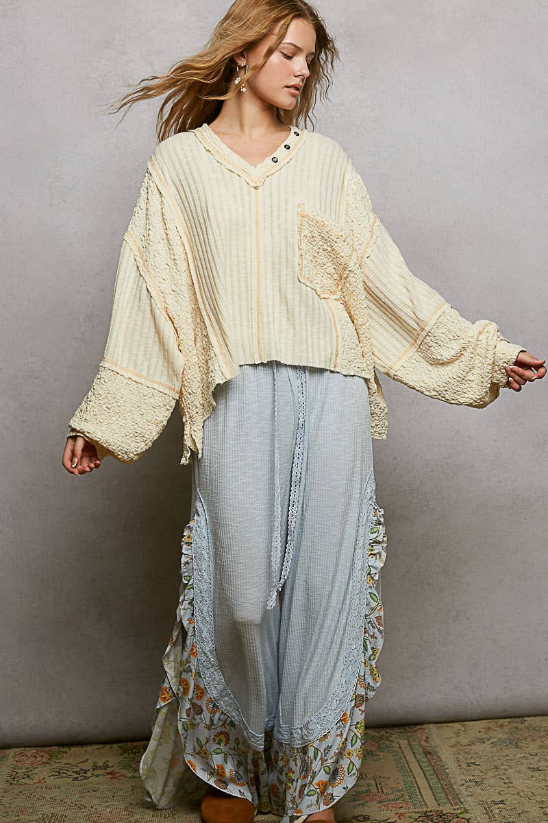 V-neck stitch detail Balloon Long Sleeve Crop Top