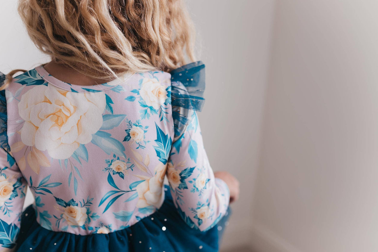 Kids Teal Blue Winter Floral Print Sparkle Tulle Dress