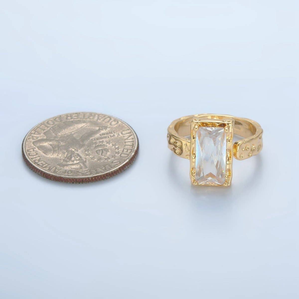 24K Gold Filled Clear CZ Baguette Hammered Wrap Band Ring