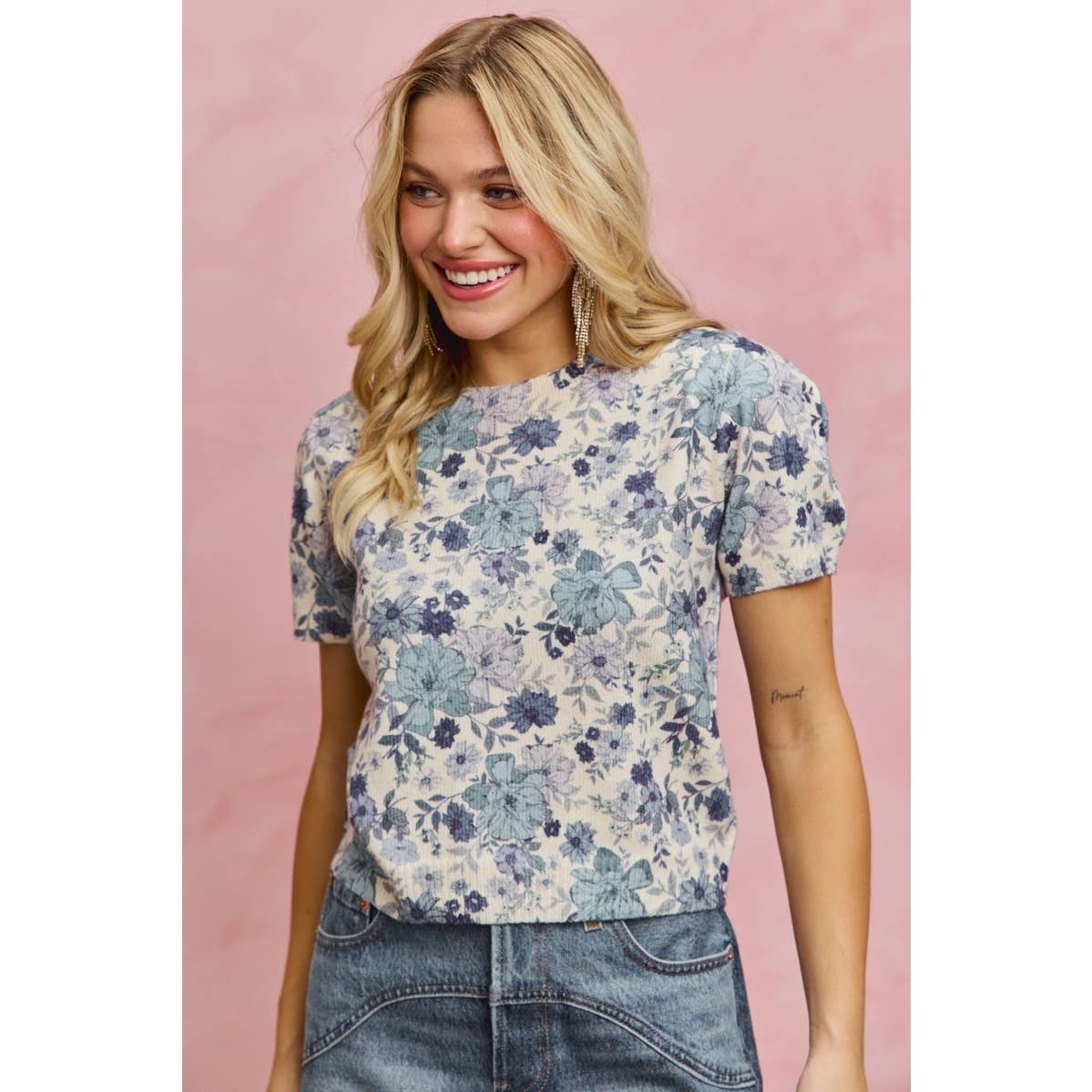 FLORAL PRINT SHORT SLEEVES SWEATER KNIT TOP