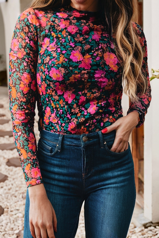 LDC Spring Western Floral Sheath Mock Neck Blouse