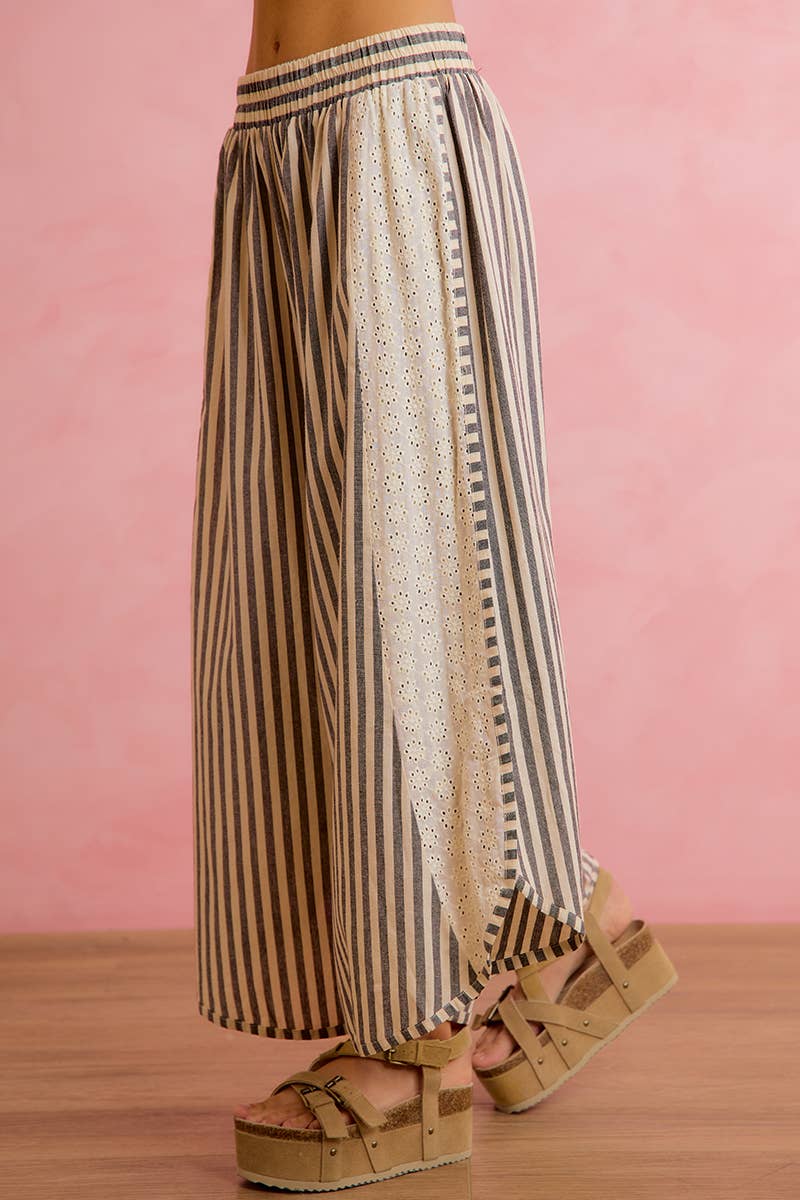 FLORAL EYELET SIDE ELASTIC STRIPES WIDE LEG PANTS