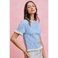 GINGHAM KNIT RUFFLED SHORT SLEEVES SWEATER TOP