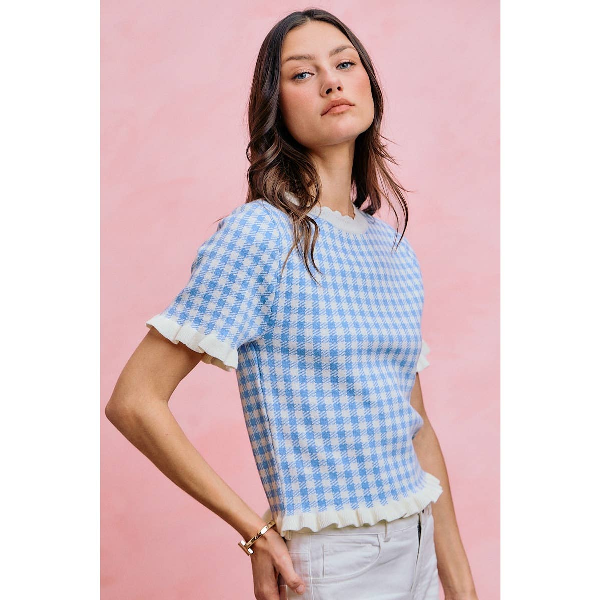 GINGHAM KNIT RUFFLED SHORT SLEEVES SWEATER TOP