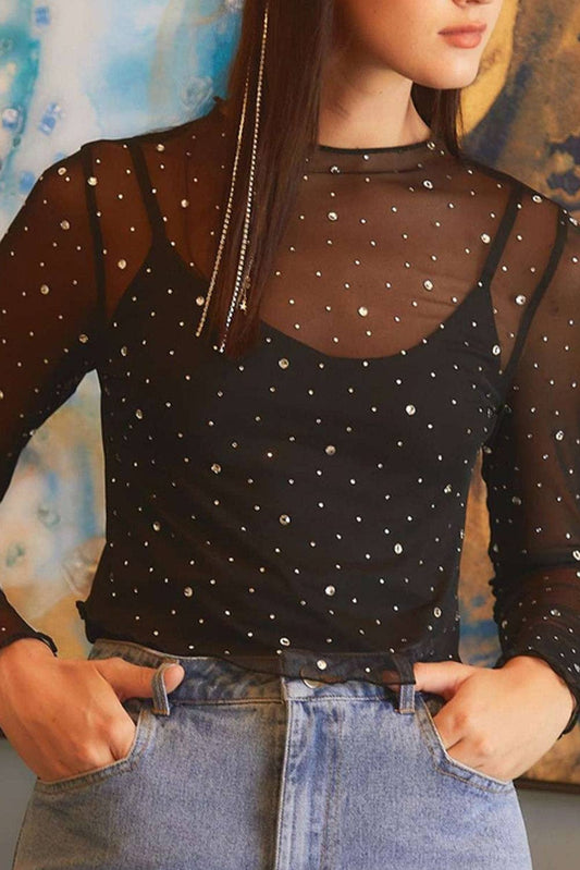 The Midnight Muse Black Rhinestone Sheer Mesh Slim Fit Long Sleeve Top