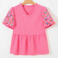 V Neck Flower Embroidered Puff Sleeve Blouse