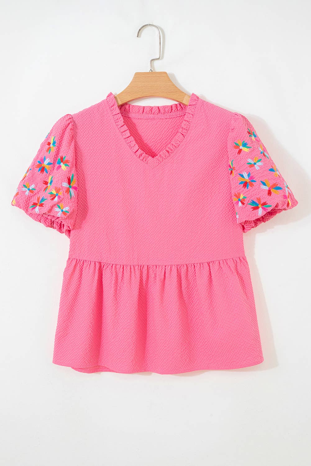 V Neck Flower Embroidered Puff Sleeve Blouse