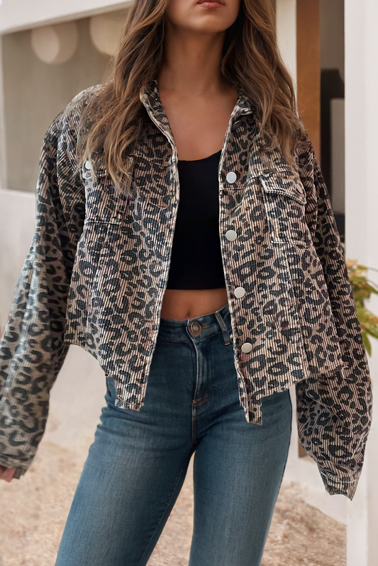 LDC Leopard Print Corduroy Irregular Hem Buttoned Jacket