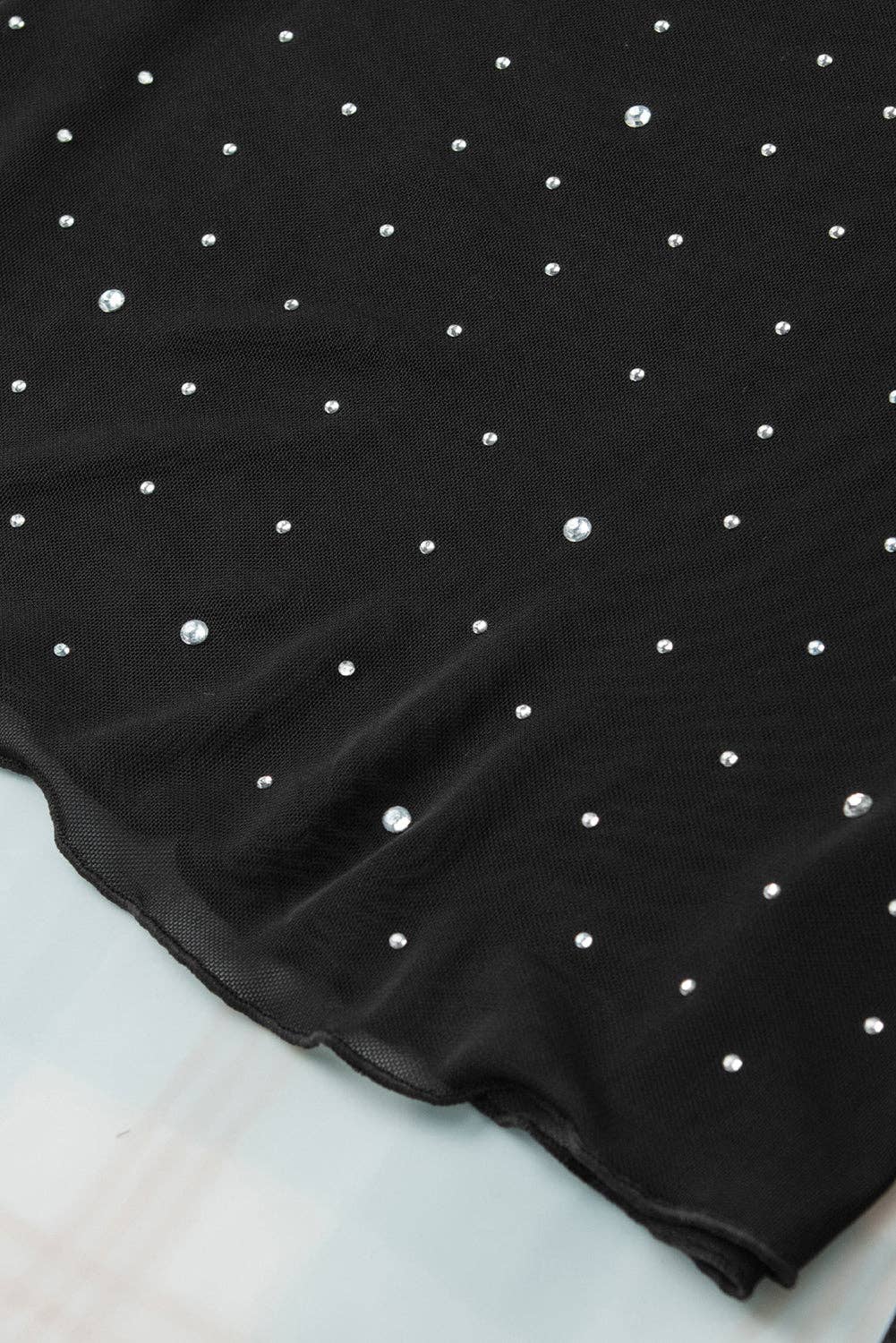 The Midnight Muse Black Rhinestone Sheer Mesh Slim Fit Long Sleeve Top