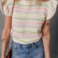 The Lila Oatmeal Colorful Striped Eyelet Knit Ruffled Sleeve Sweater T Shirt