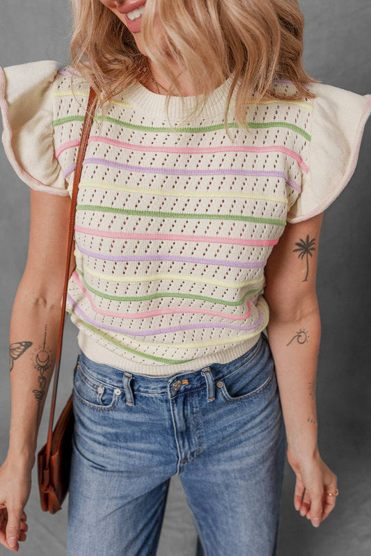 The Lila Oatmeal Colorful Striped Eyelet Knit Ruffled Sleeve Sweater T Shirt