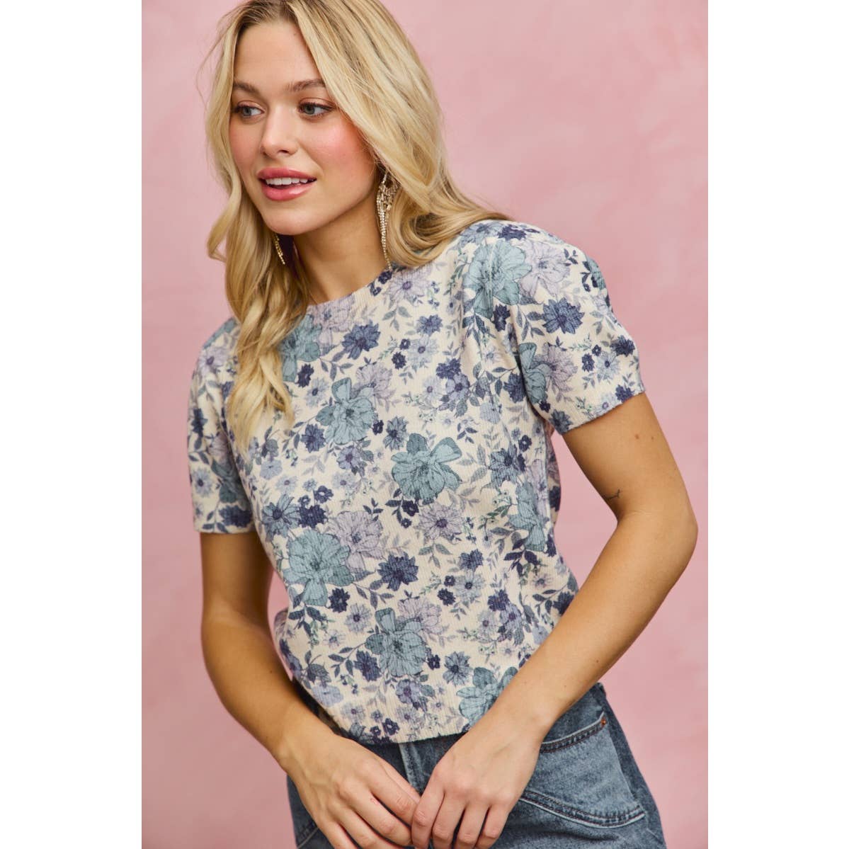FLORAL PRINT SHORT SLEEVES SWEATER KNIT TOP