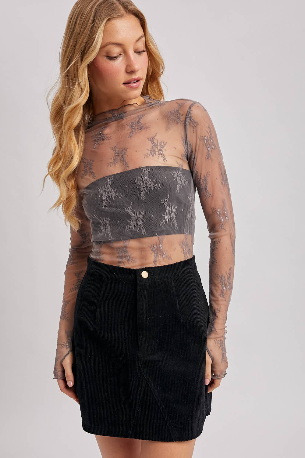FLORAL EMBROIDERY LACE MESH LAYERING TOP