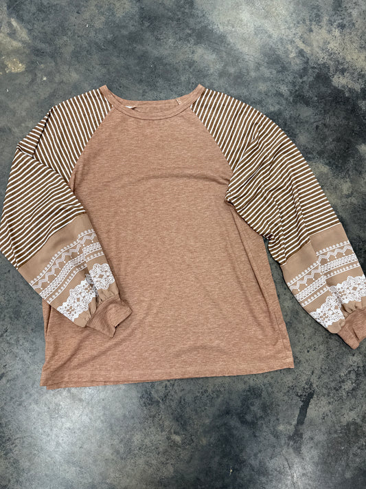 Tan and White Striped LS lace