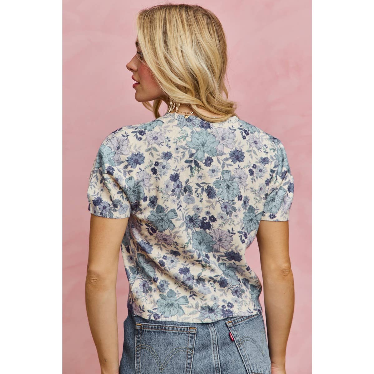 FLORAL PRINT SHORT SLEEVES SWEATER KNIT TOP