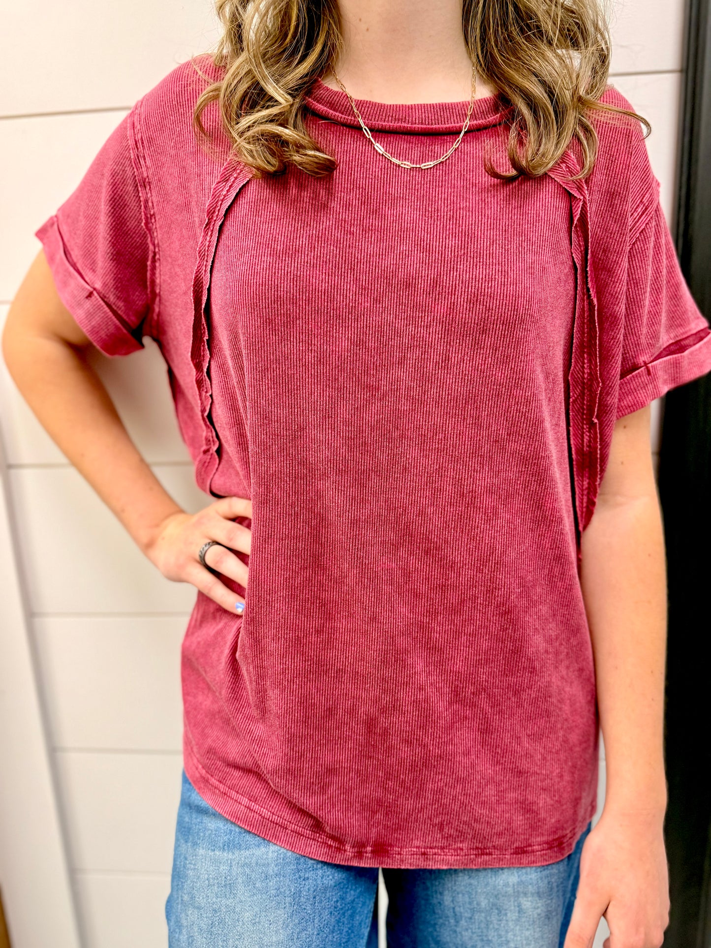 Ribbed Acid Wash Boatneck Top